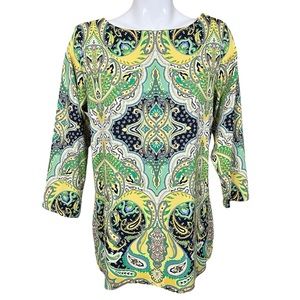 Charter Club Yellow and Navy Blue Bohemian Paisley Top Size 0X/12W
